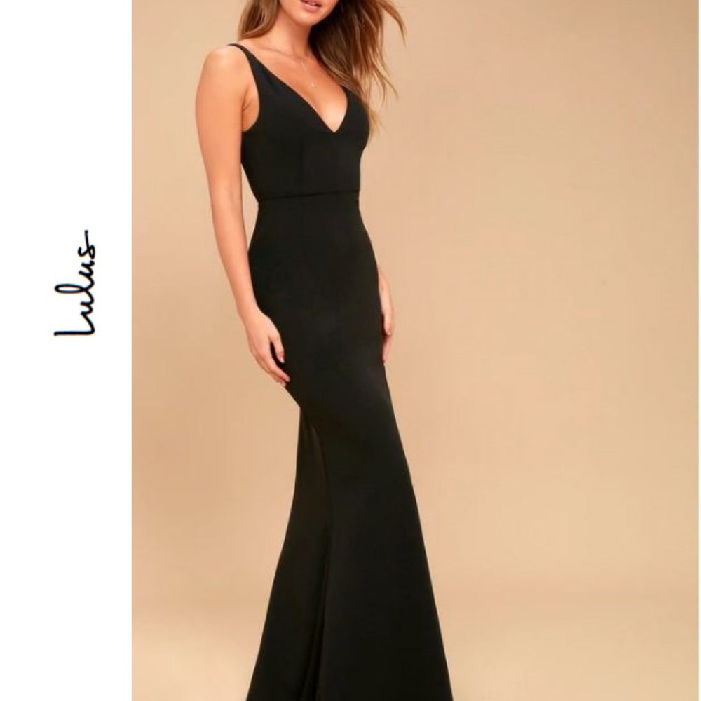 Lulu's Melora Black Sleeveless Maxi Dress Deep V neck and back, mermaid hem